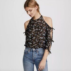 Veronica Beard Flynn Sheer Silk Cold Shoulder Top, Size 10, Black Floral Print